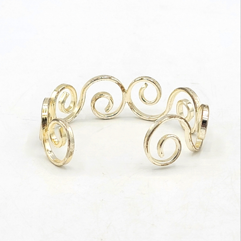 Best Silver tone Scroll Coil Curl Curlicue Whorl Spiral Cuff Bangle Bracelet Vtg - Picture 3 of 6